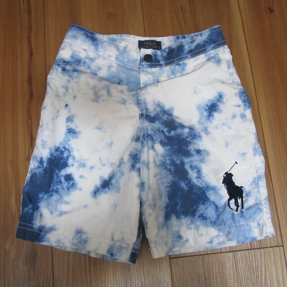 POLO RALPH LAUREN BOYS NAVY BLUE WHITE TIE DYE SWIM SHORTS BIG PONY SZ 7 EUC